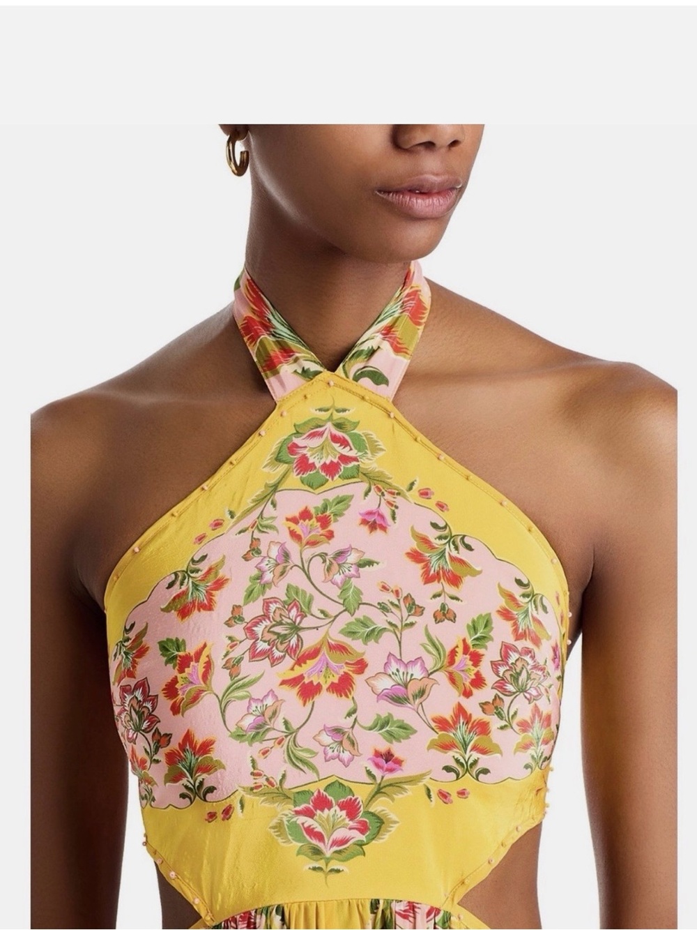 FARM Rio Yellow & Pink Floral Halter Maxi Dress with Waist Cutouts MEDIUM NWT - Picture 4 of 7